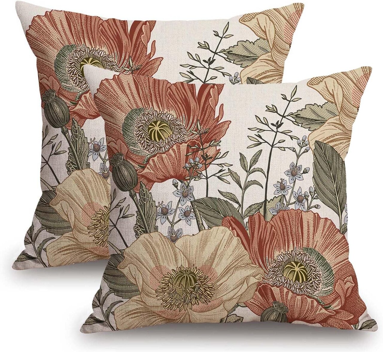 Vintage Flower Throw Pillow Covers 18x18 Brown Rust Colored Floral Botanical Pattern Decorative Pillows Outdoor Linen Farmhouse Cushion Case Country Pillowcase for Sofa Bed Room Decor Set of 2